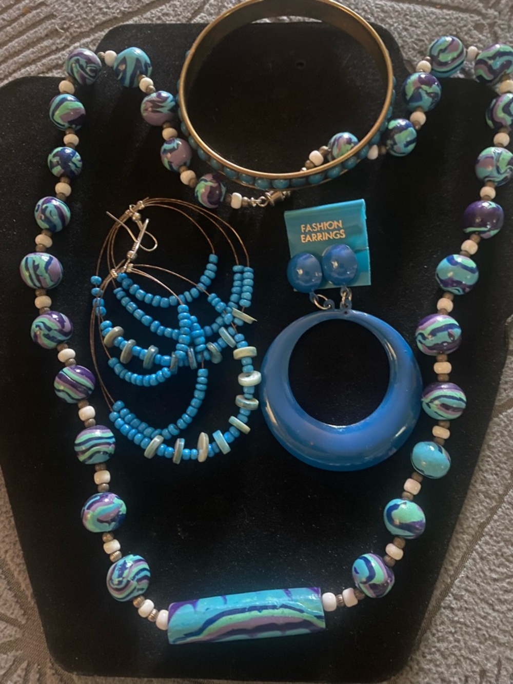 Blue Multi-Bead Statement Necklace and Earring Set and bracelet
